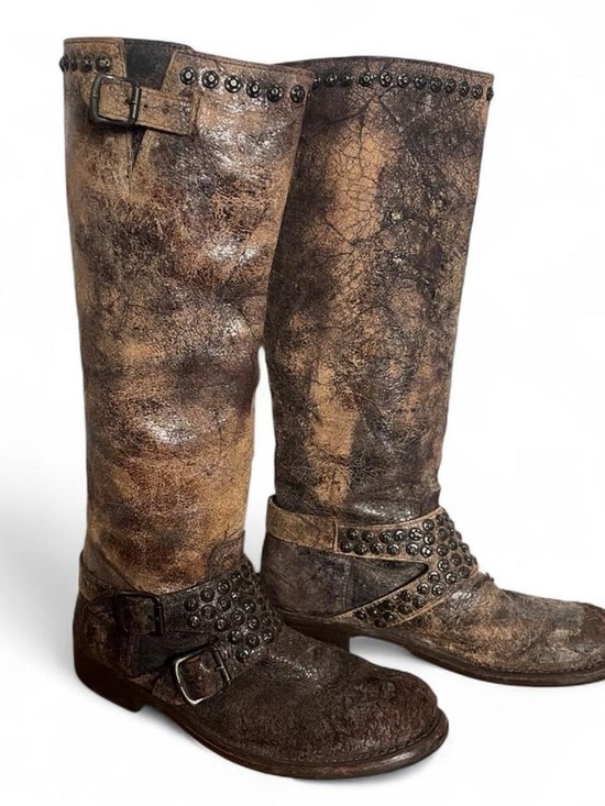 Frye Shoes - Frye Distressed Brown Studded Leather Knee Riding Boots
